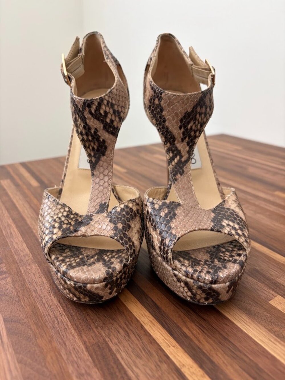 Jimmy Choo Tan & Brown Snakeskin T-Strap Platform Sandals- Size 36 1/2 - Picture 2 of 8